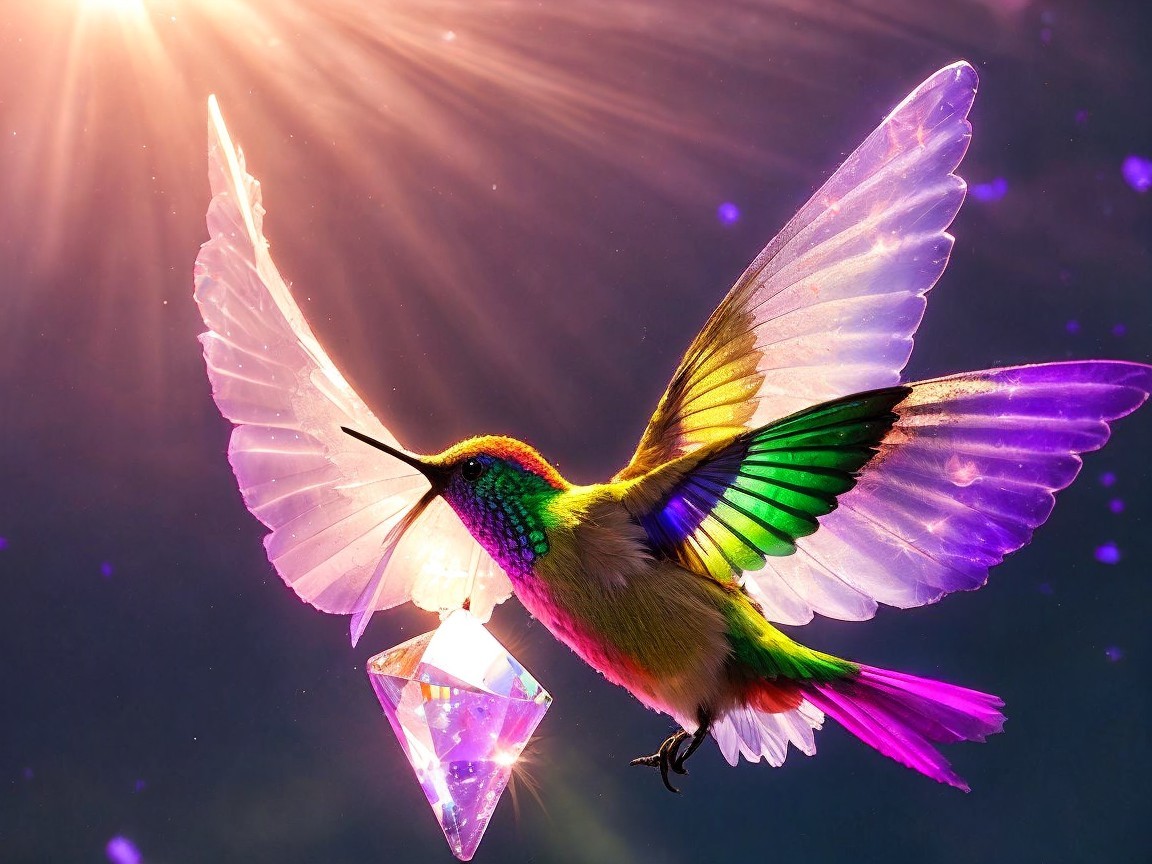 Vibrant Hummingbird with Crystal in Ethereal Light