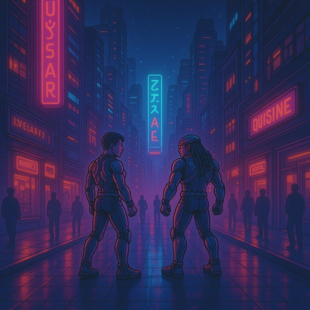 Futuristic Characters in Neon-Lit Cyberpunk Cityscape