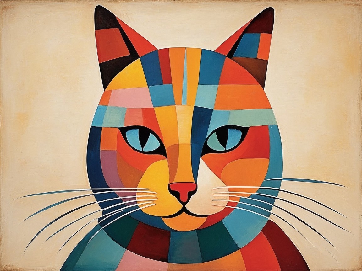 Abstract Cat Face in Bold Colors and Geometric Shapes