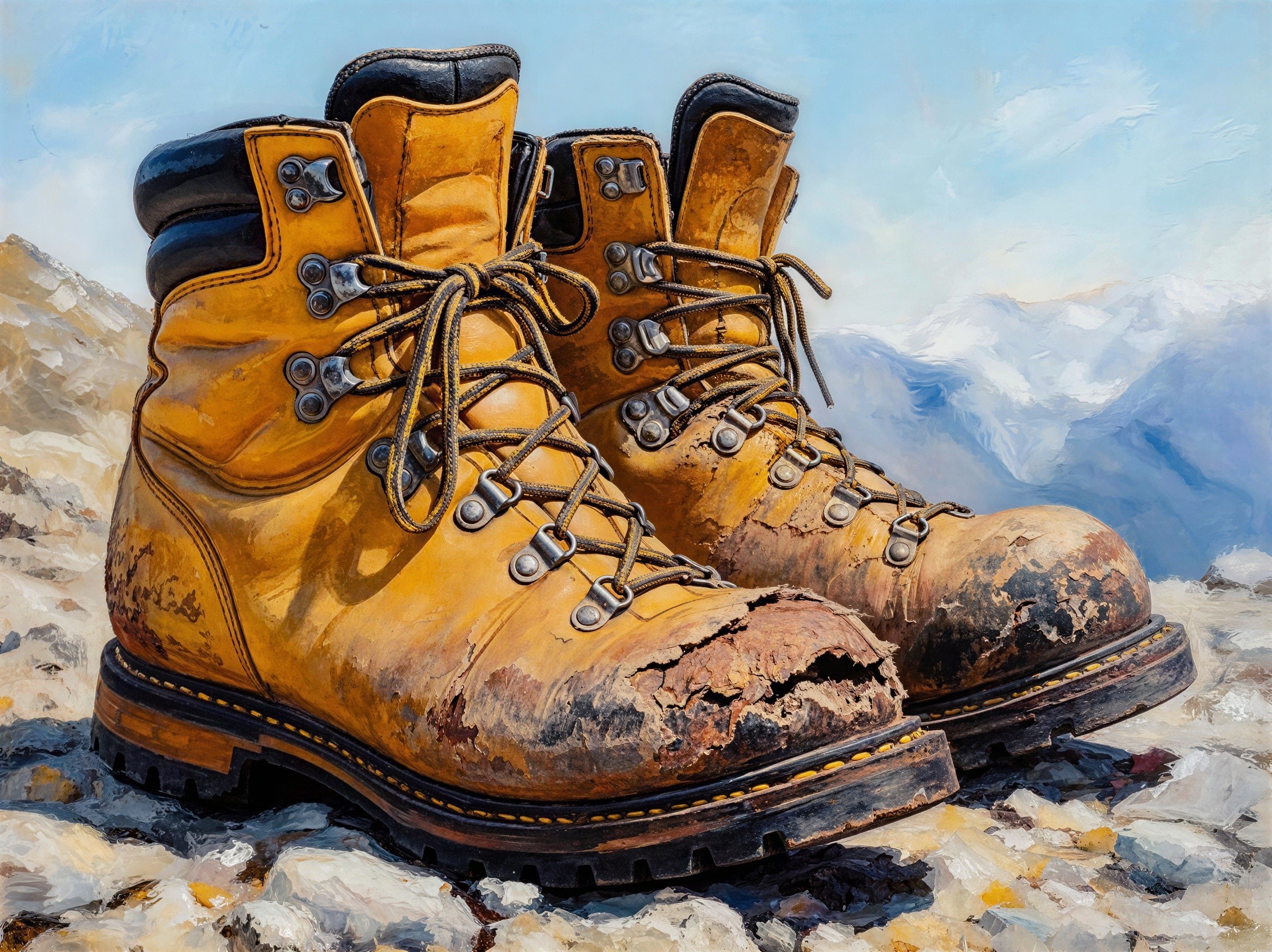 Close-up of Worn Yellow Hiking Boots on Rocky Surface