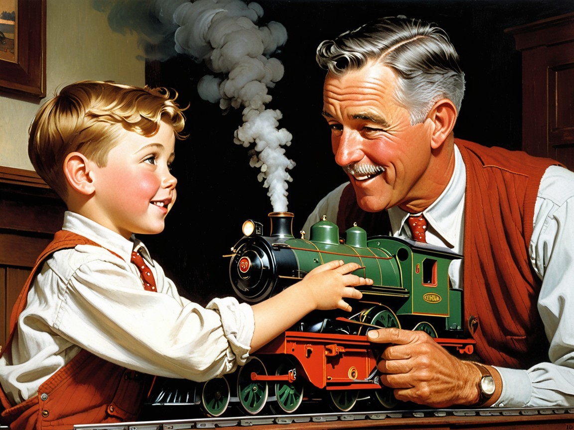 Painting of a man and boy admiring a toy train