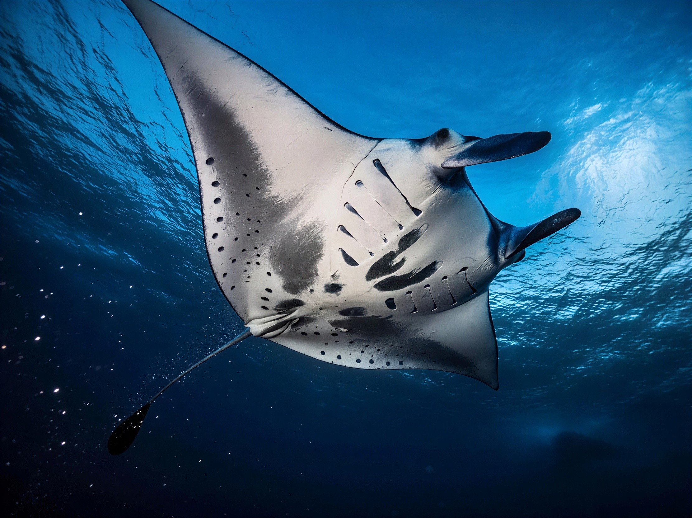 Close-Up of Manta Ray Swimming in Clear Ocean Water