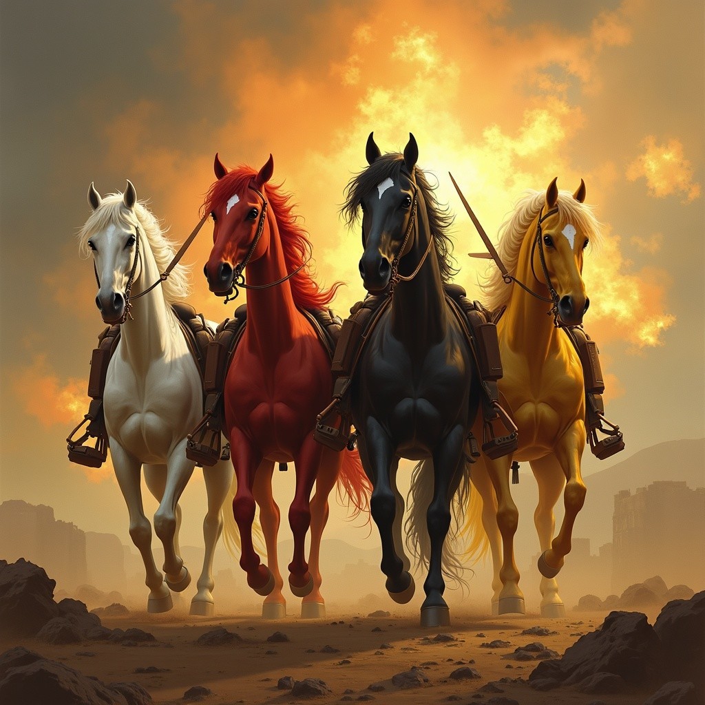 Horses in Sunset: White, Red, Black, and Golden Colors