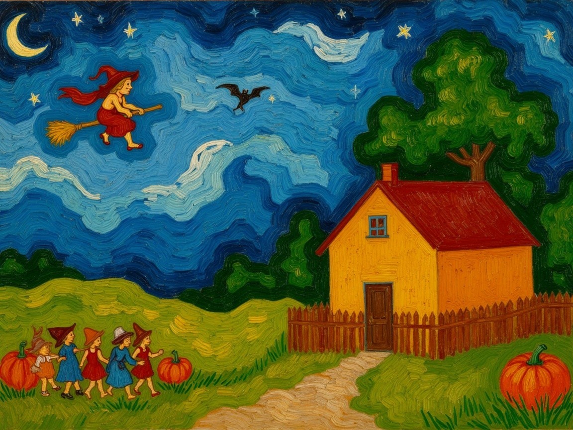 Whimsical Night Sky with Witch and Autumn Scene