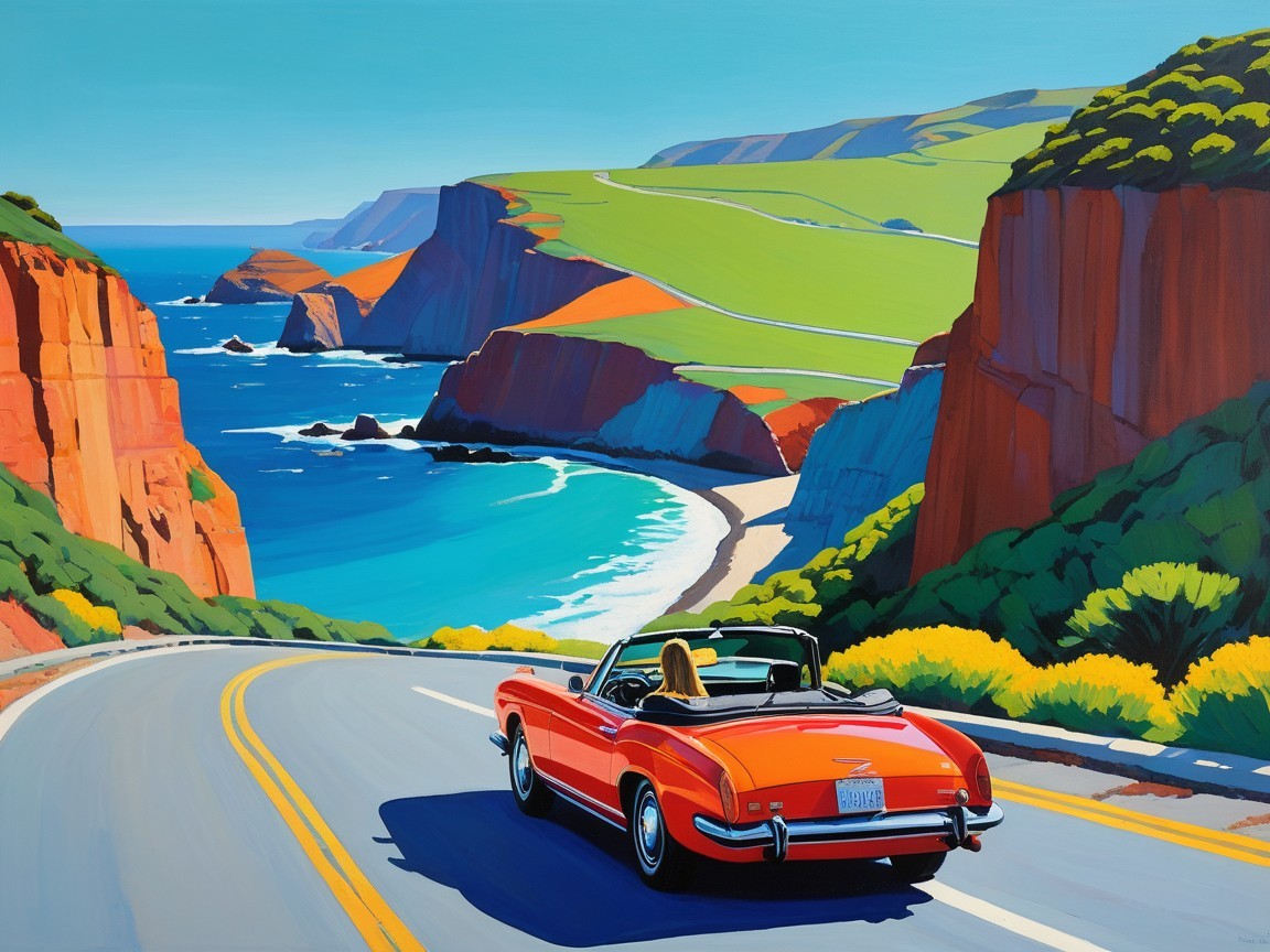 Digital painting of a red vintage convertible by ocean
