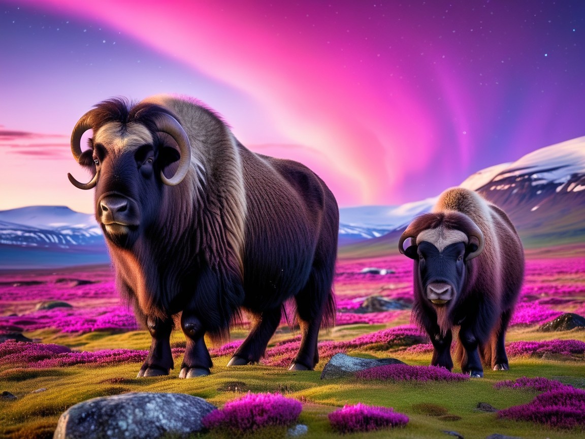 Musk Oxen in Field of Purple Flowers Under Aurora