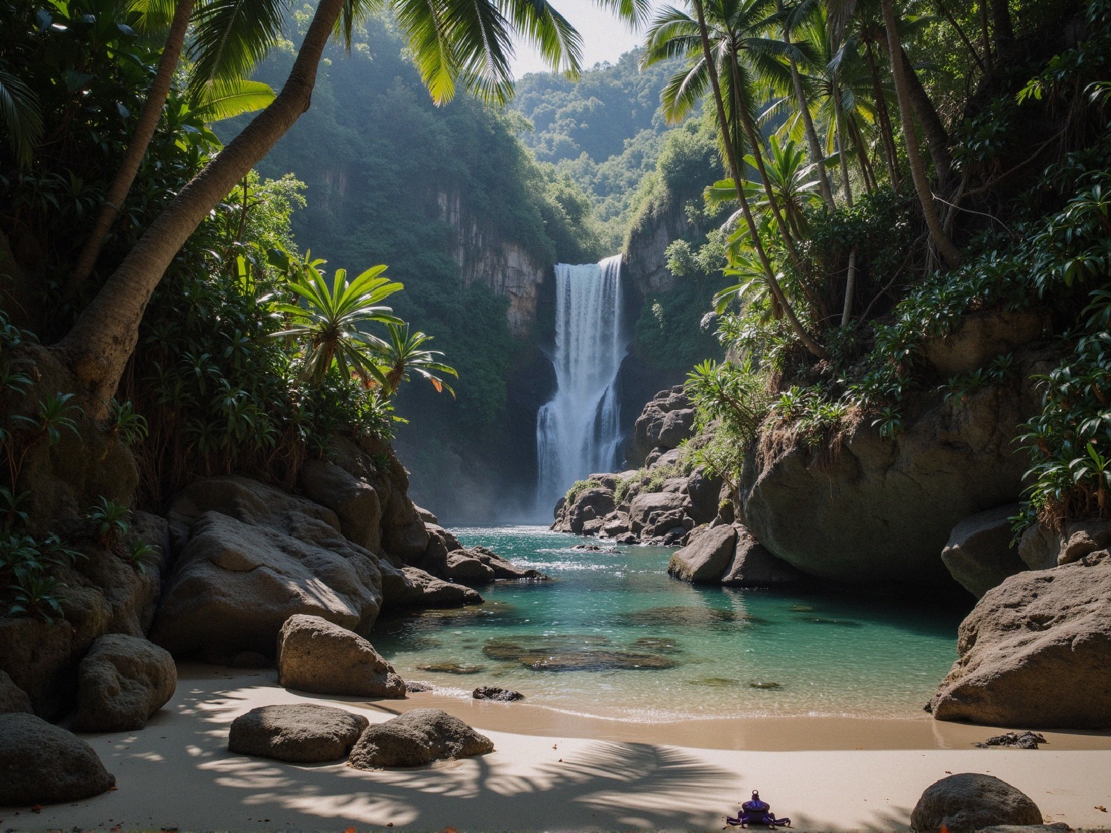 Serene waterfall cascading into a clear pool surrounded by greenery
