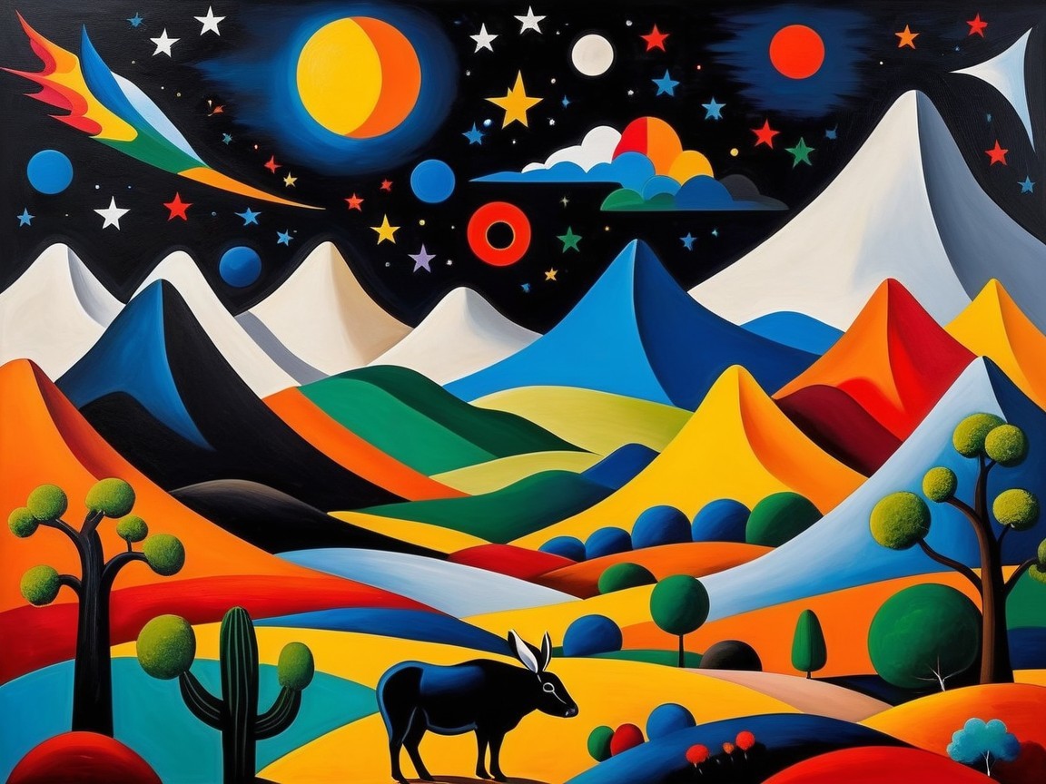 Vibrant Landscape with Stylized Mountains and Night Sky
