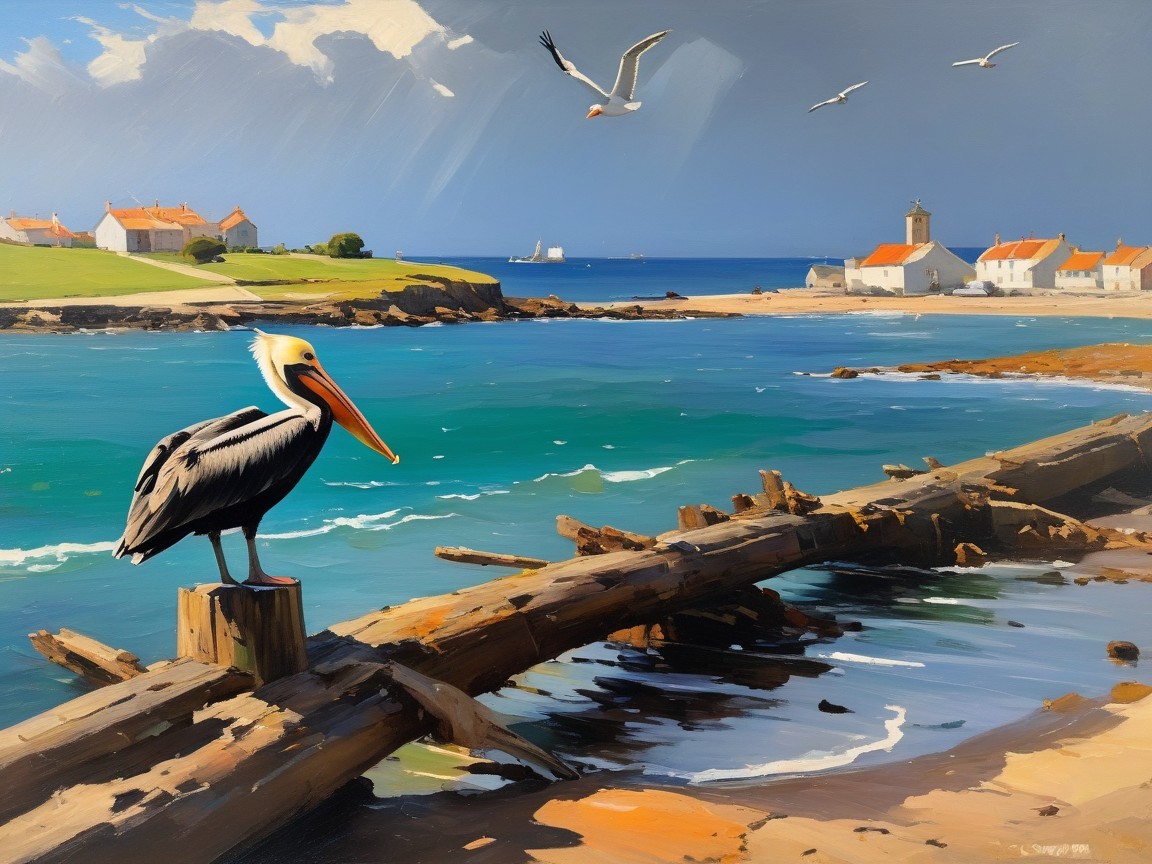 Coastal Scene with Pelican and Quaint Cottages