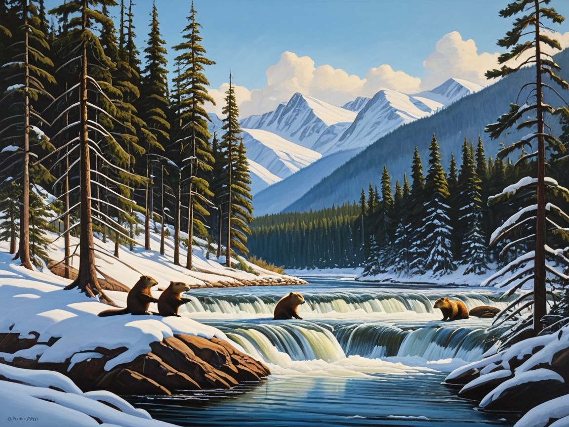 Serene Winter Landscape with Bears and Waterfalls