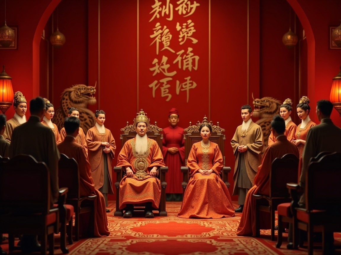 Royal Couple on Ornate Thrones in Opulent Setting