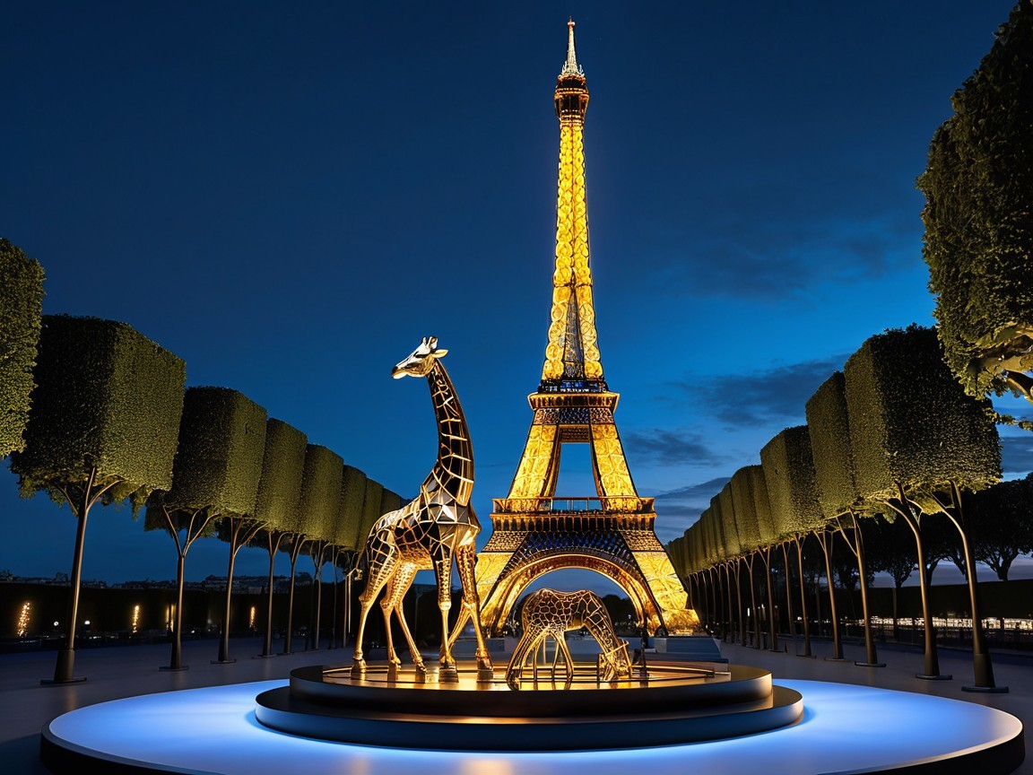 Eiffel Tower Park Scene with Golden Giraffe Sculptures