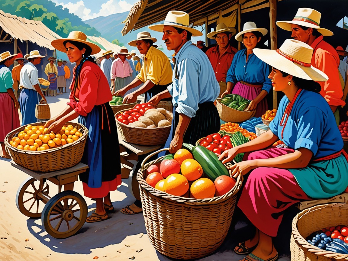 Vibrant Market Scene with Traditional Attire and Produce