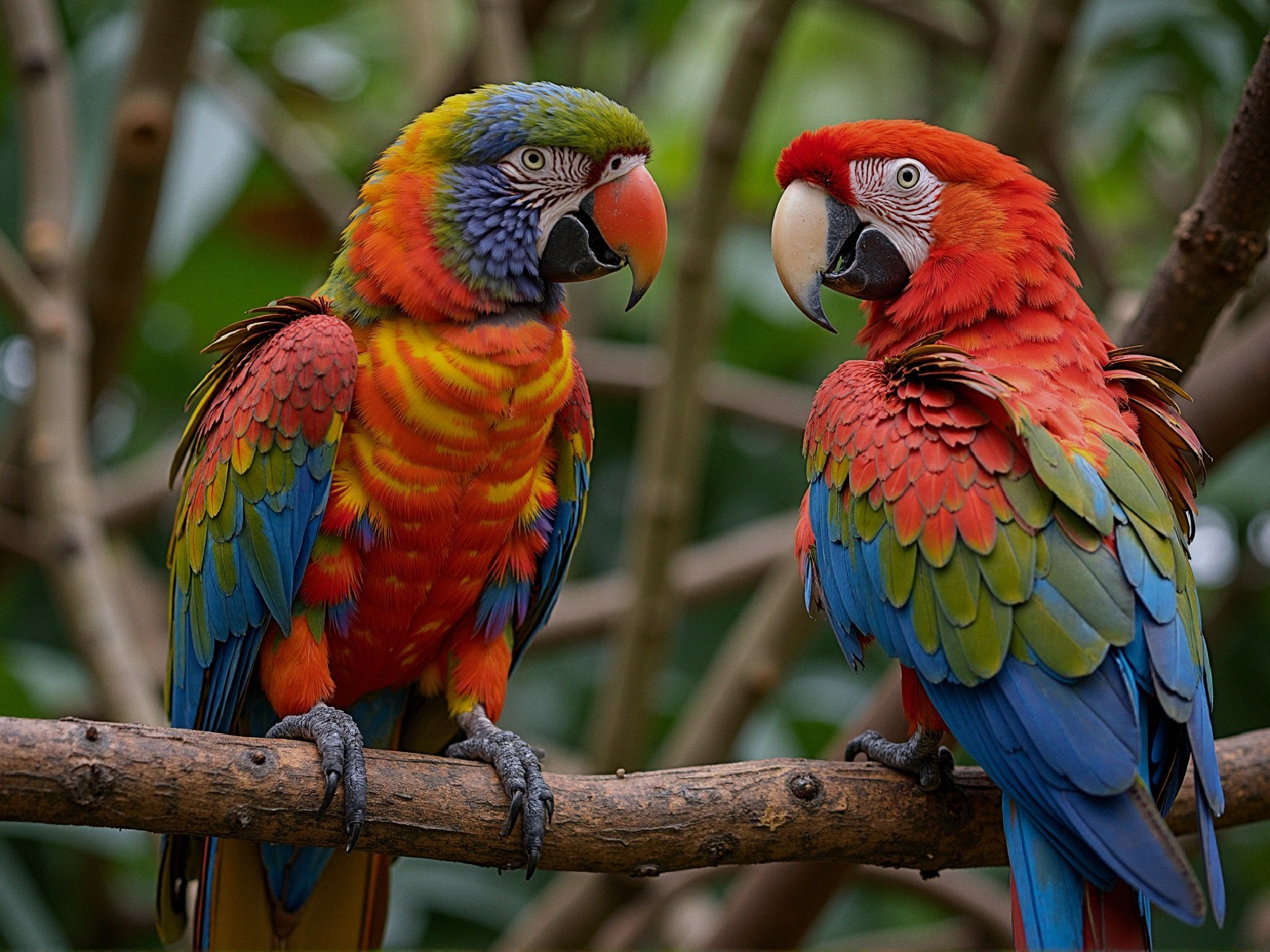 Vibrant Parrots Displaying Colorful Plumage on Branch