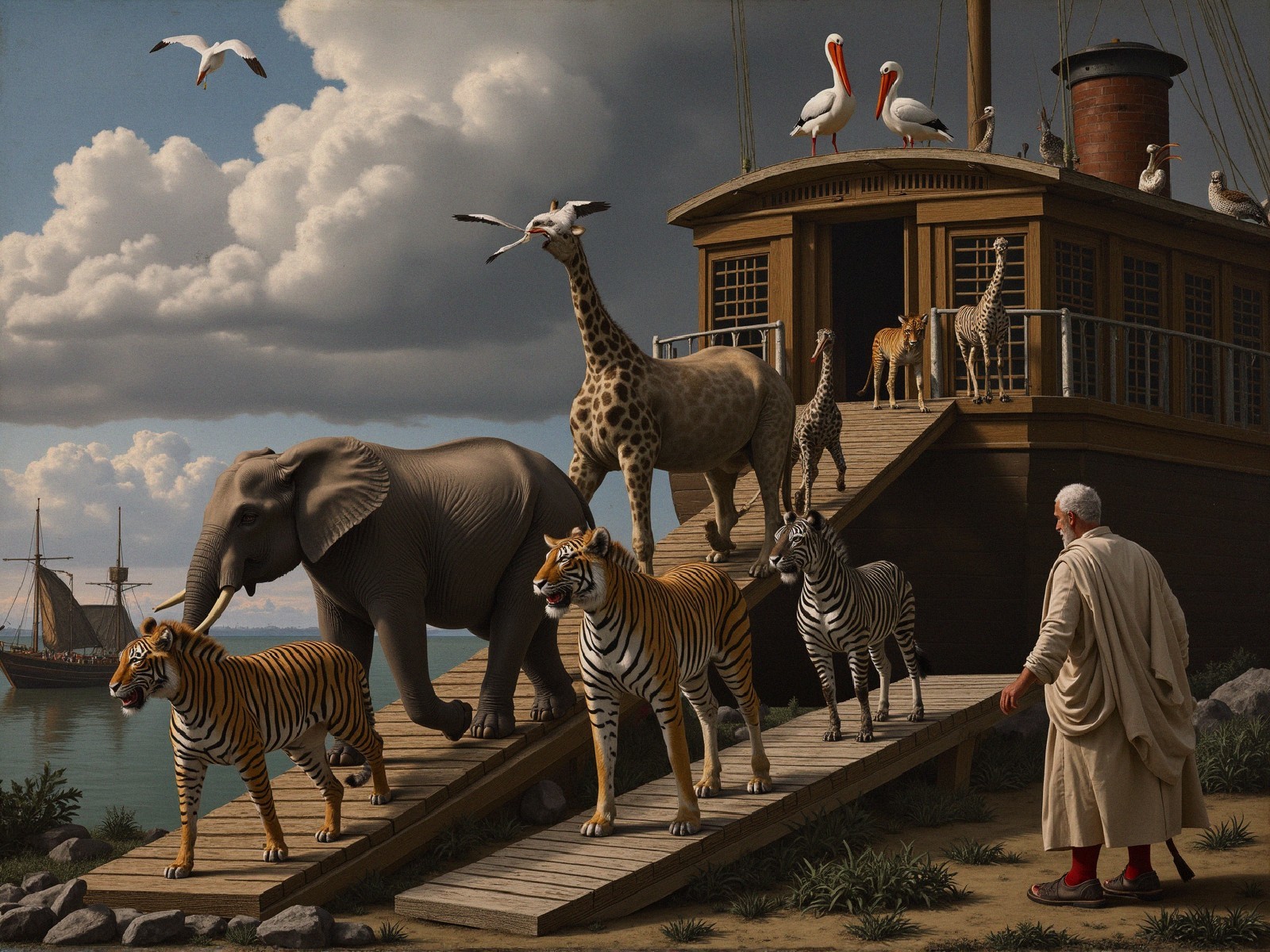 Animals Arriving from Ship at Scenic Dock with Clouds