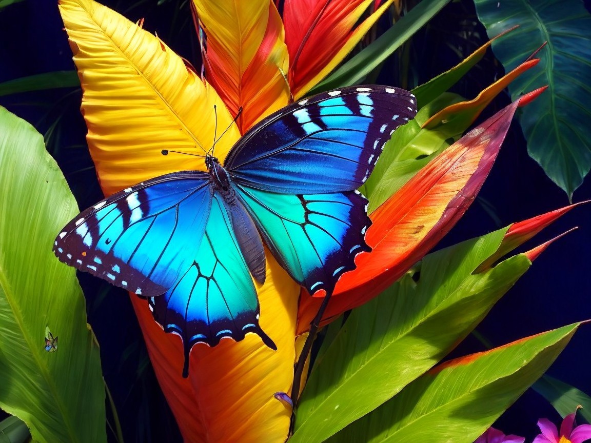 Blue Butterfly on Yellow Leaf in Tropical Foliage
