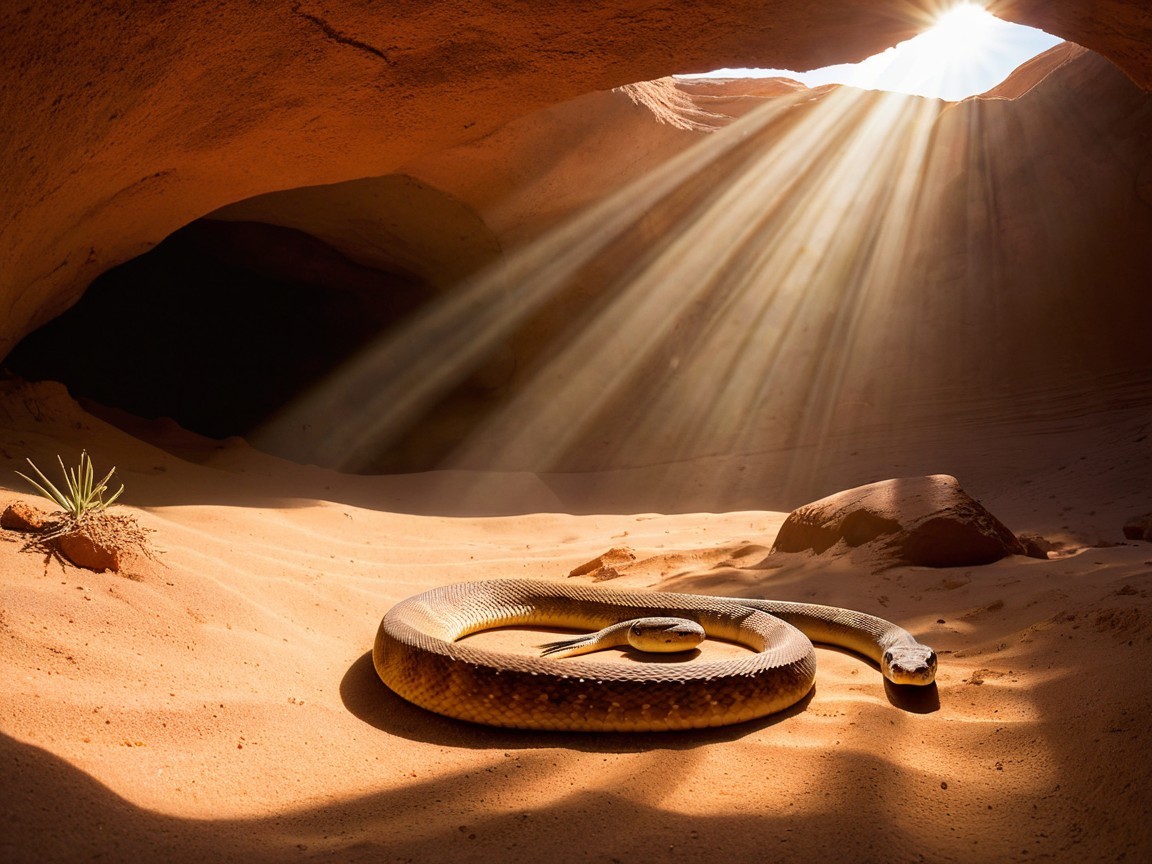 Snake on Sandy Cave Floor with Sunlight Rays