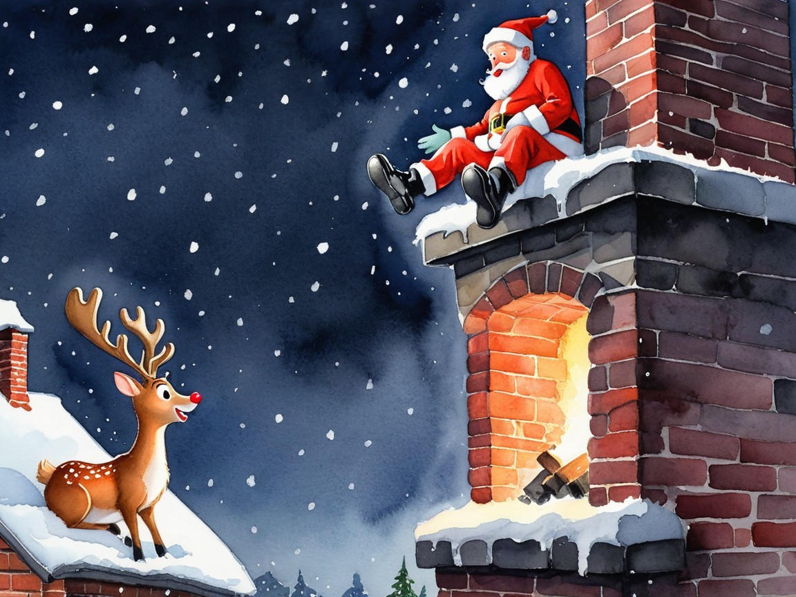 Santa Claus on a chimney with reindeer and snowfall