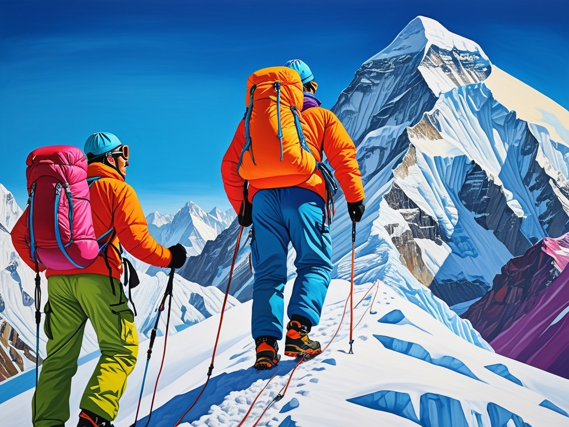 Climbers on a snowy mountain trail with vibrant jackets
