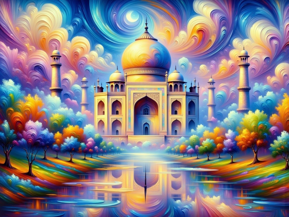 Vibrant Artwork of a Grand Palace with Colorful Trees