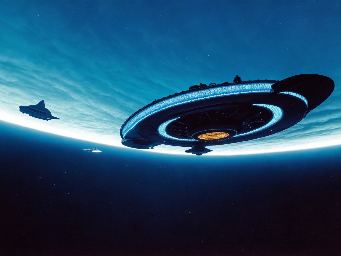 Futuristic spacecraft in a cosmic setting with lights