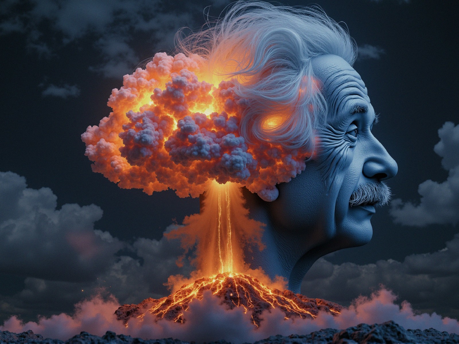 Surreal Head with Volcano Hair and Erupting Colors