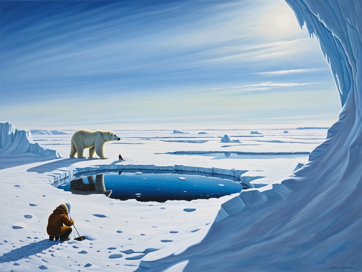 Winter Landscape with Ice Fishing and Wildlife