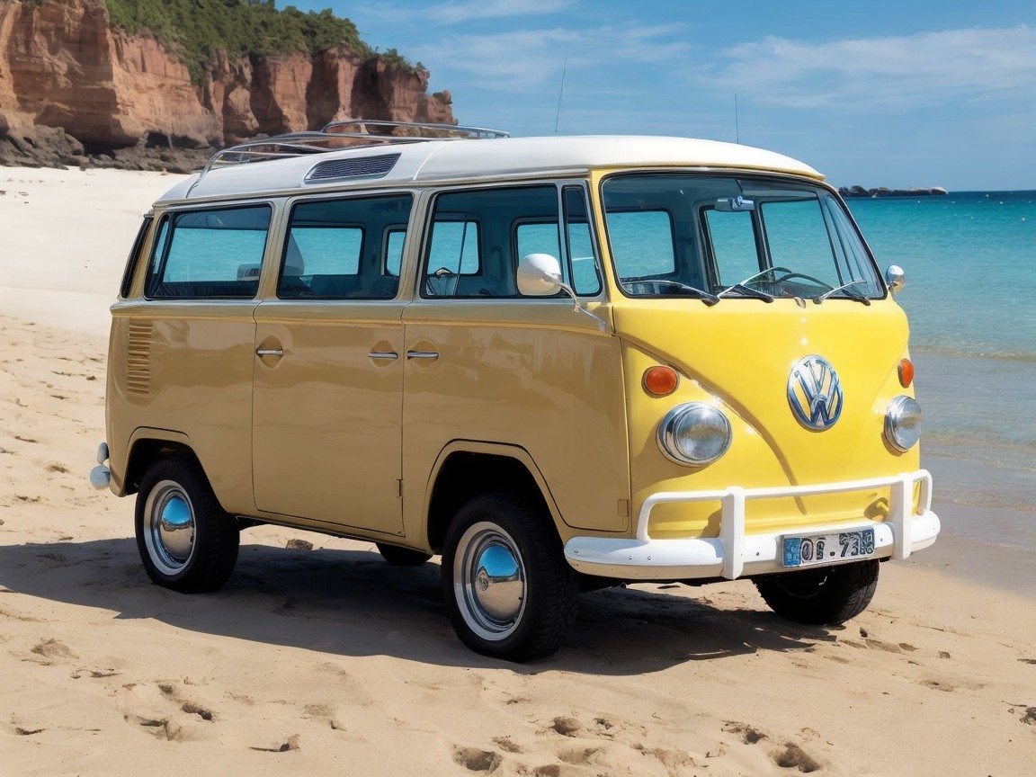 Vintage Volkswagen Van on Sandy Beach with Cliffs