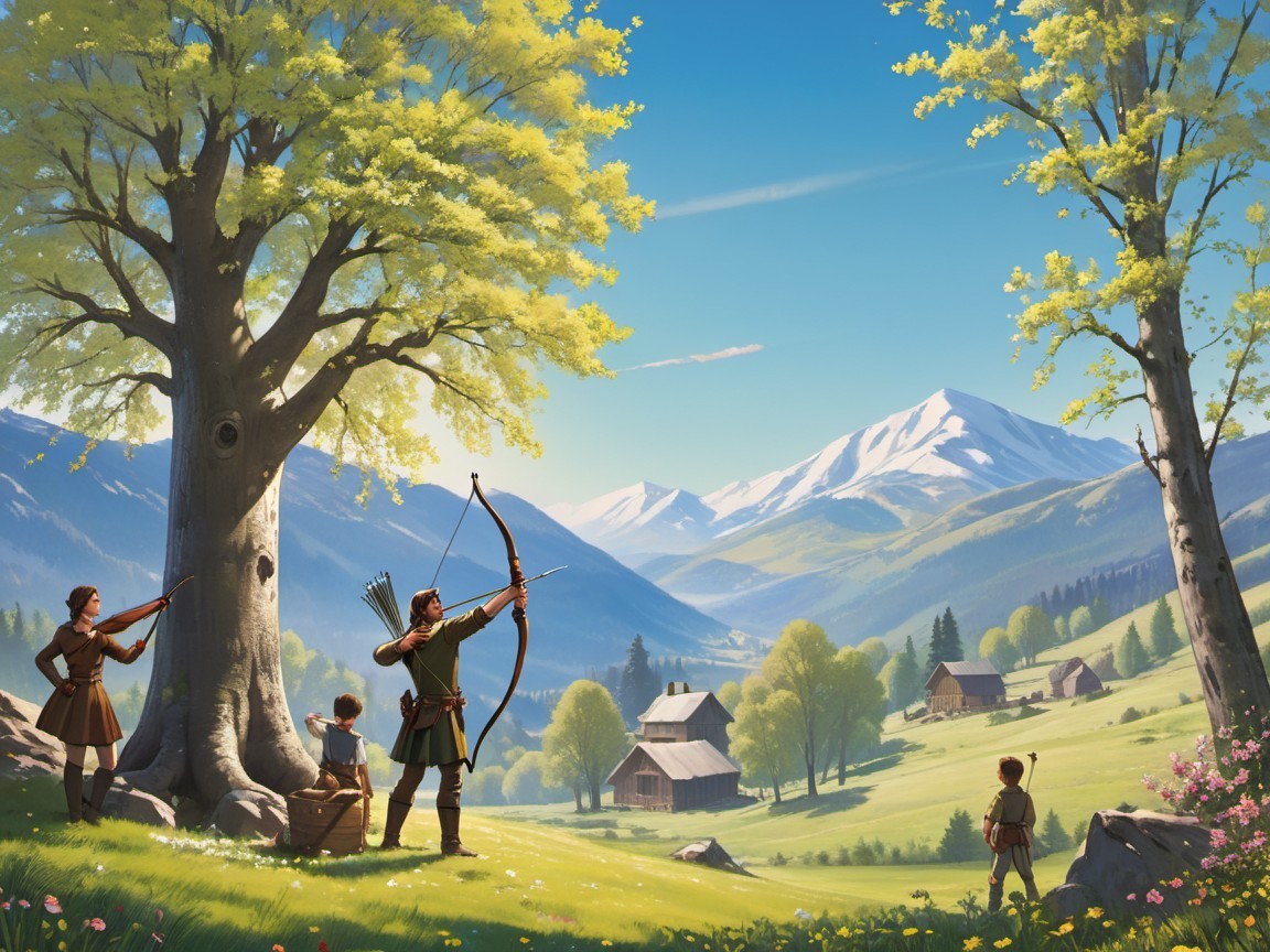 Archers in a Serene Valley with Majestic Mountains