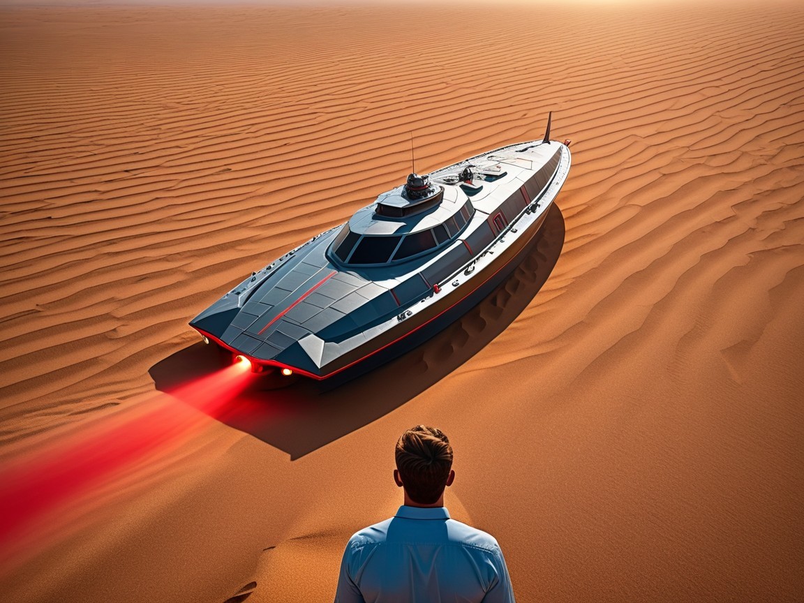 Futuristic Spacecraft Over Desert with Red Light Trail