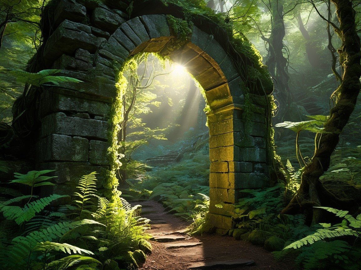 Ancient Stone Archway in a Serene Forest Scene