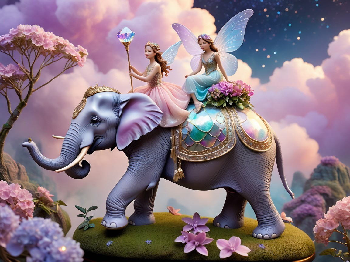 Fairy Figures on Adorned Elephant in Dreamy Setting