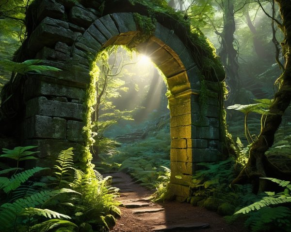 Ancient Stone Archway in a Serene Forest Scene