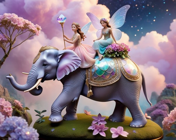 Fairy Figures on Adorned Elephant in Dreamy Setting