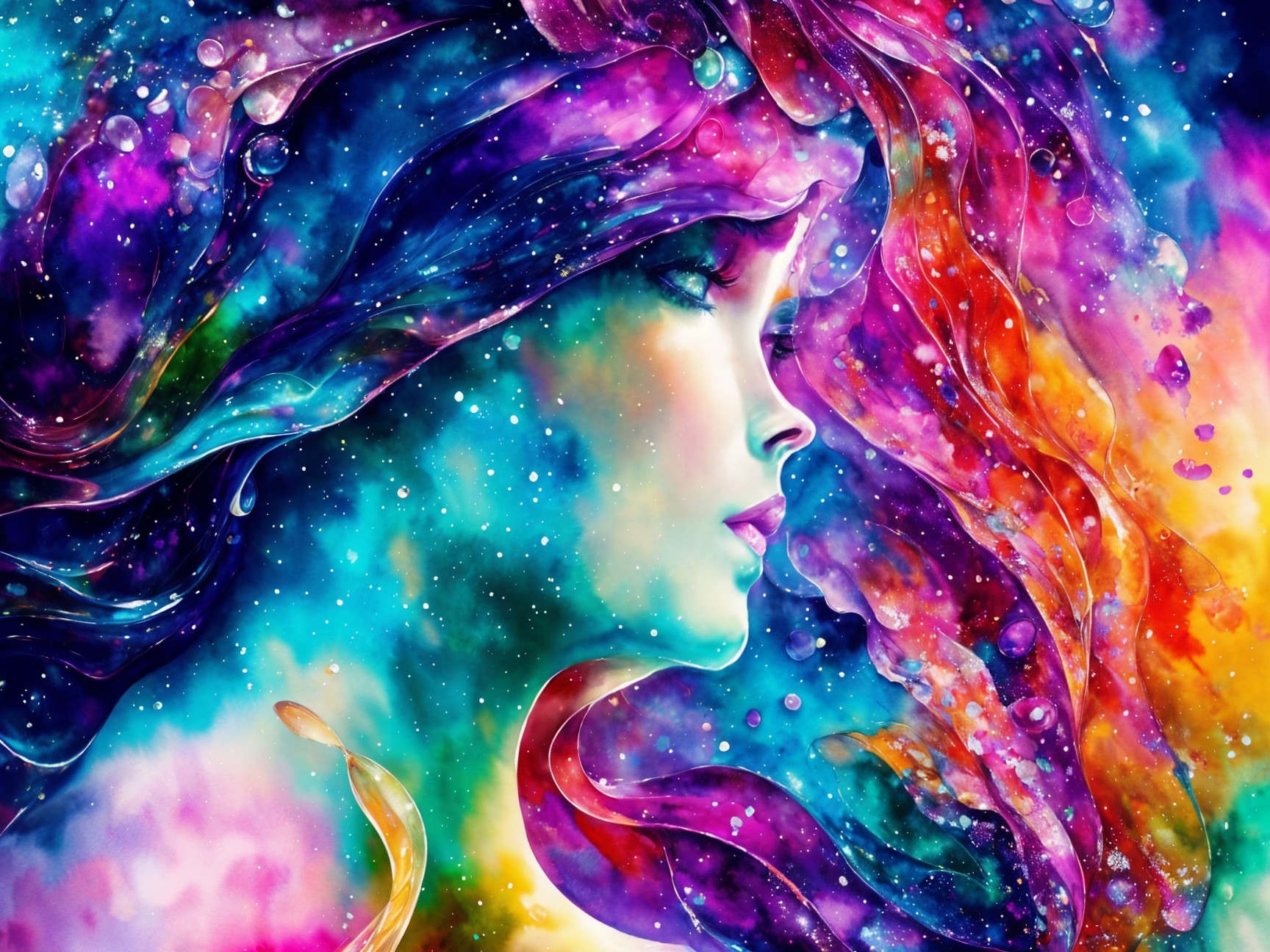 Watercolor Illustration of Woman's Profile with Colors