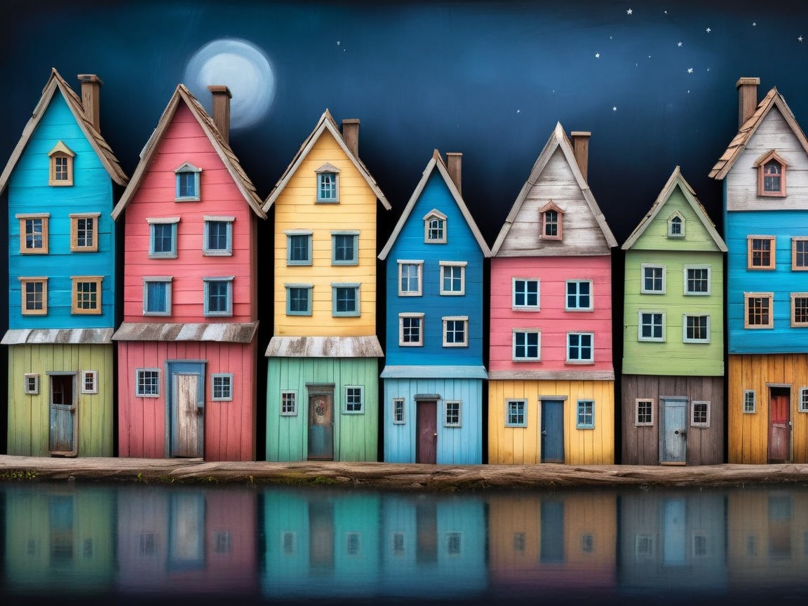 Colorful Houses by Water Under a Starry Sky