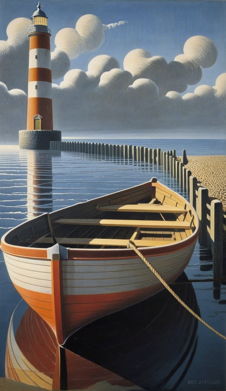 Coastal Scene with Lighthouse and Tethered Boat