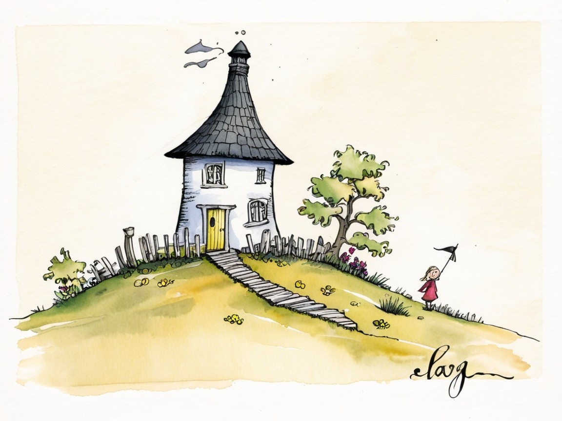 Whimsical illustration of a charming house on a hill