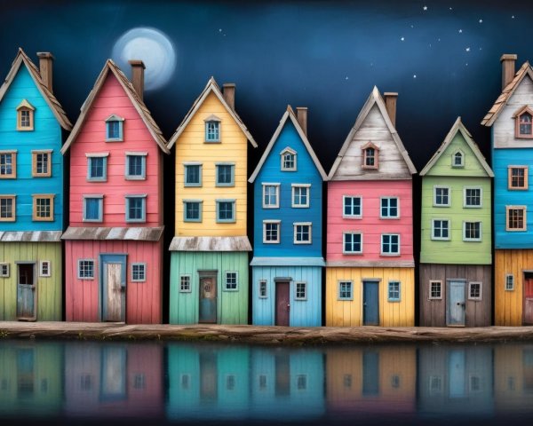 Colorful Houses by Water Under a Starry Sky