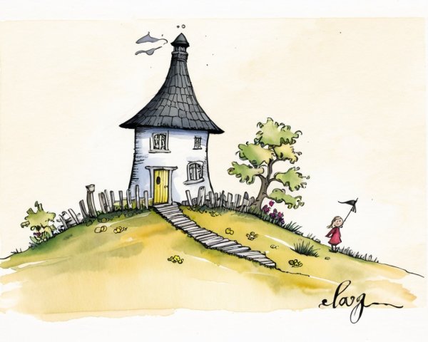 Whimsical illustration of a charming house on a hill
