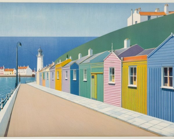 Colorful Beach Huts and Lighthouse by the Sea