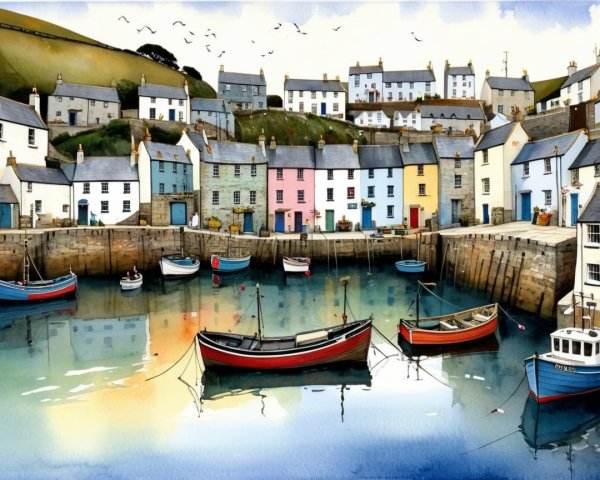 Charming Harbor Scene with Colorful Cottages and Boats