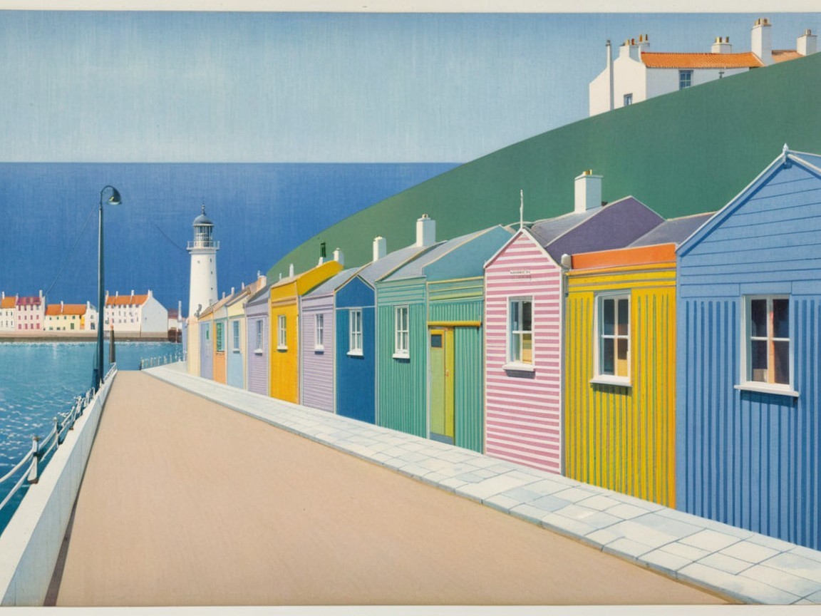 Colorful Beach Huts and Lighthouse by the Sea