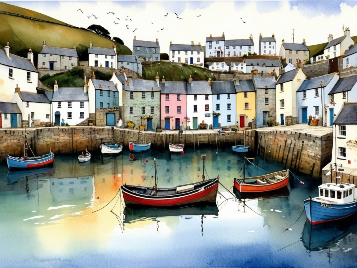 Charming Harbor Scene with Colorful Cottages and Boats