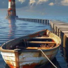 Coastal Scene with Lighthouse and Tethered Boat