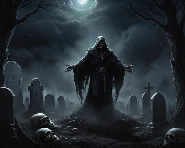 Cloaked Figure in a Desolate Graveyard Setting