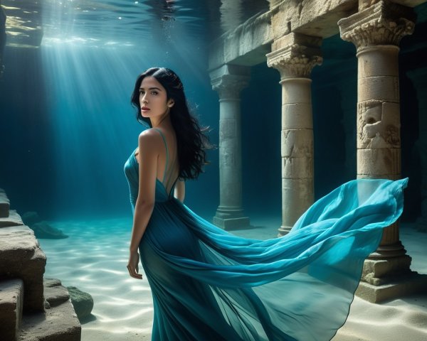 Mythical Woman in Turquoise Gown by Ancient Ruins