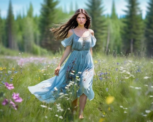 Young Woman in Flowing Dress in Vibrant Meadow