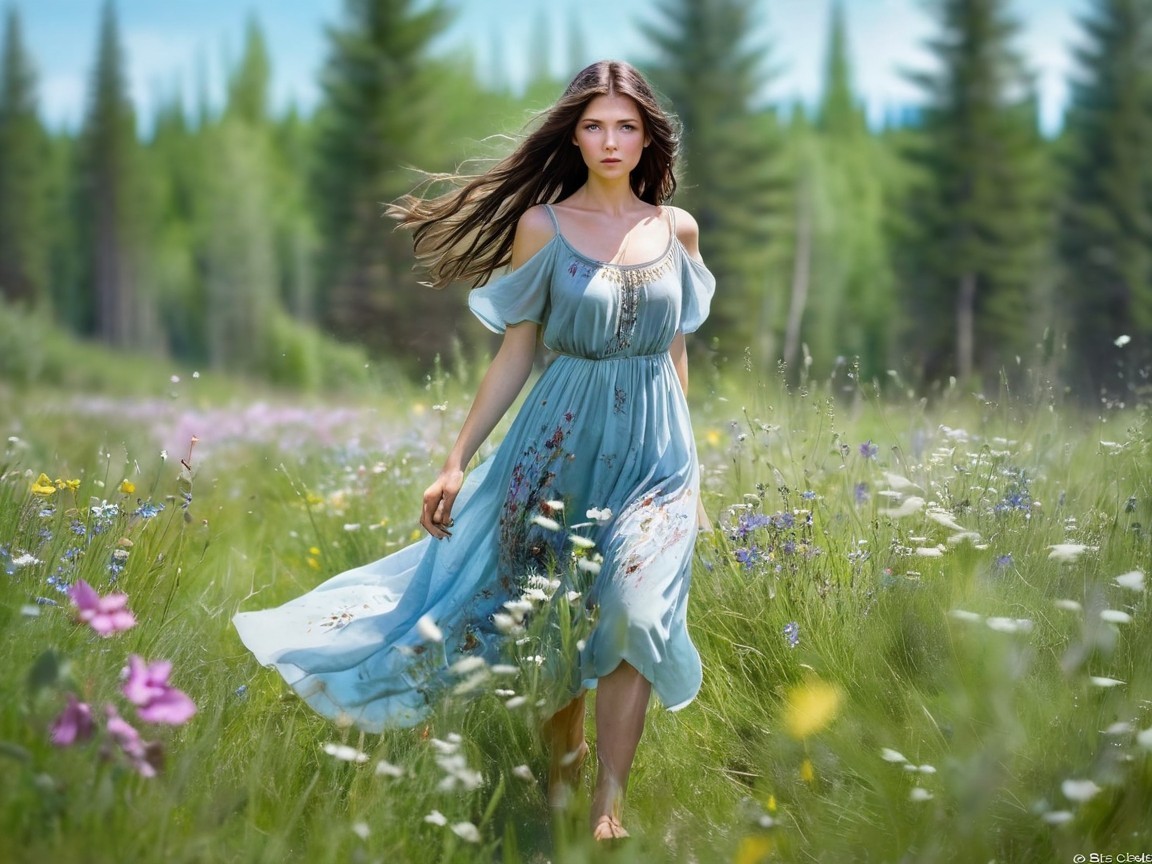 Young Woman in Flowing Dress in Vibrant Meadow