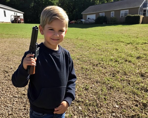 Child with toy gun in suburban grassy area